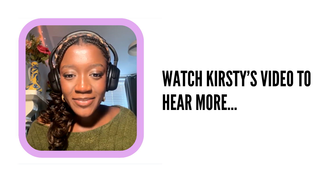 A student named Kirsty wearing black over-ear headphones and a green knitted top is pictured in a light purple rounded frame. To the right, bold black text reads, 